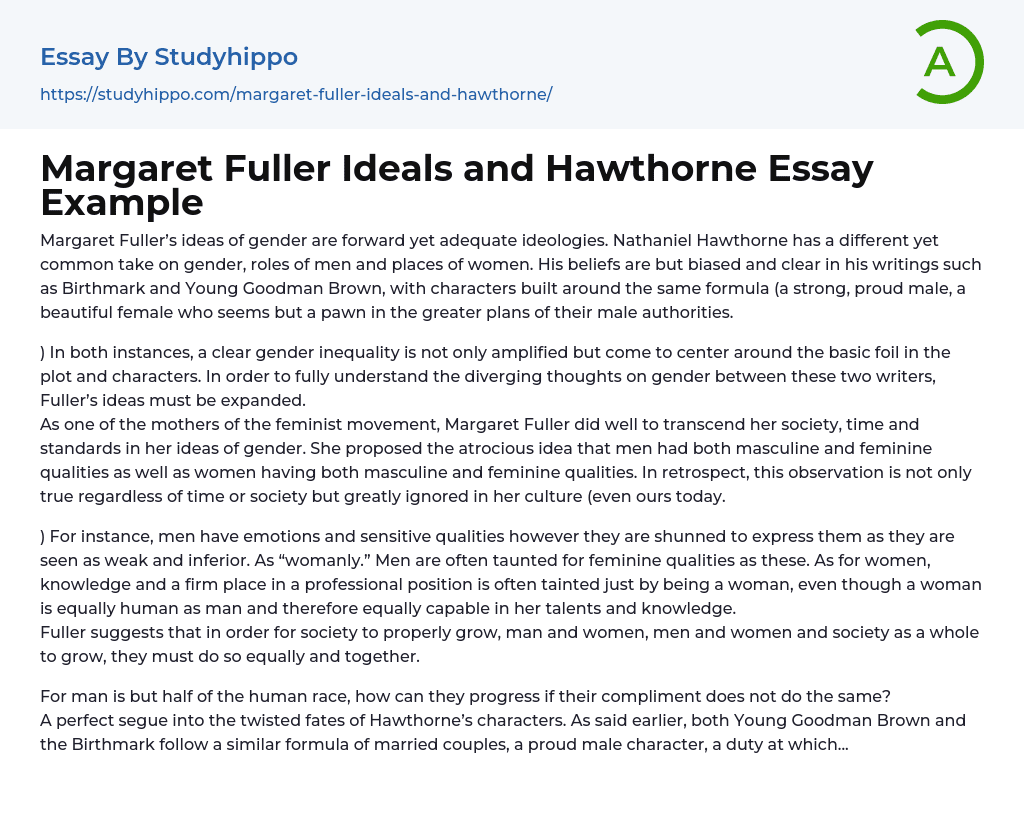 Margaret Fuller Ideals and Hawthorne Essay Example