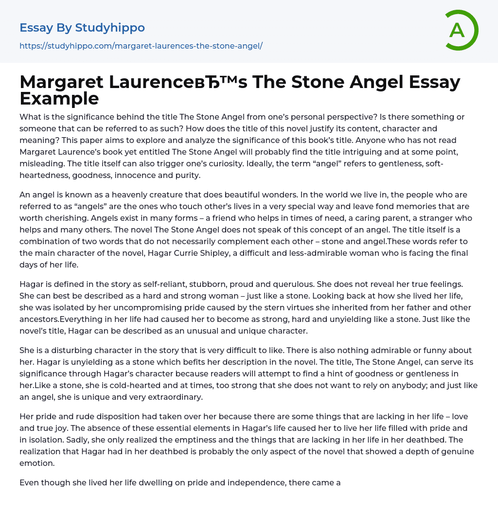 Margaret Laurence’s The Stone Angel Essay Example