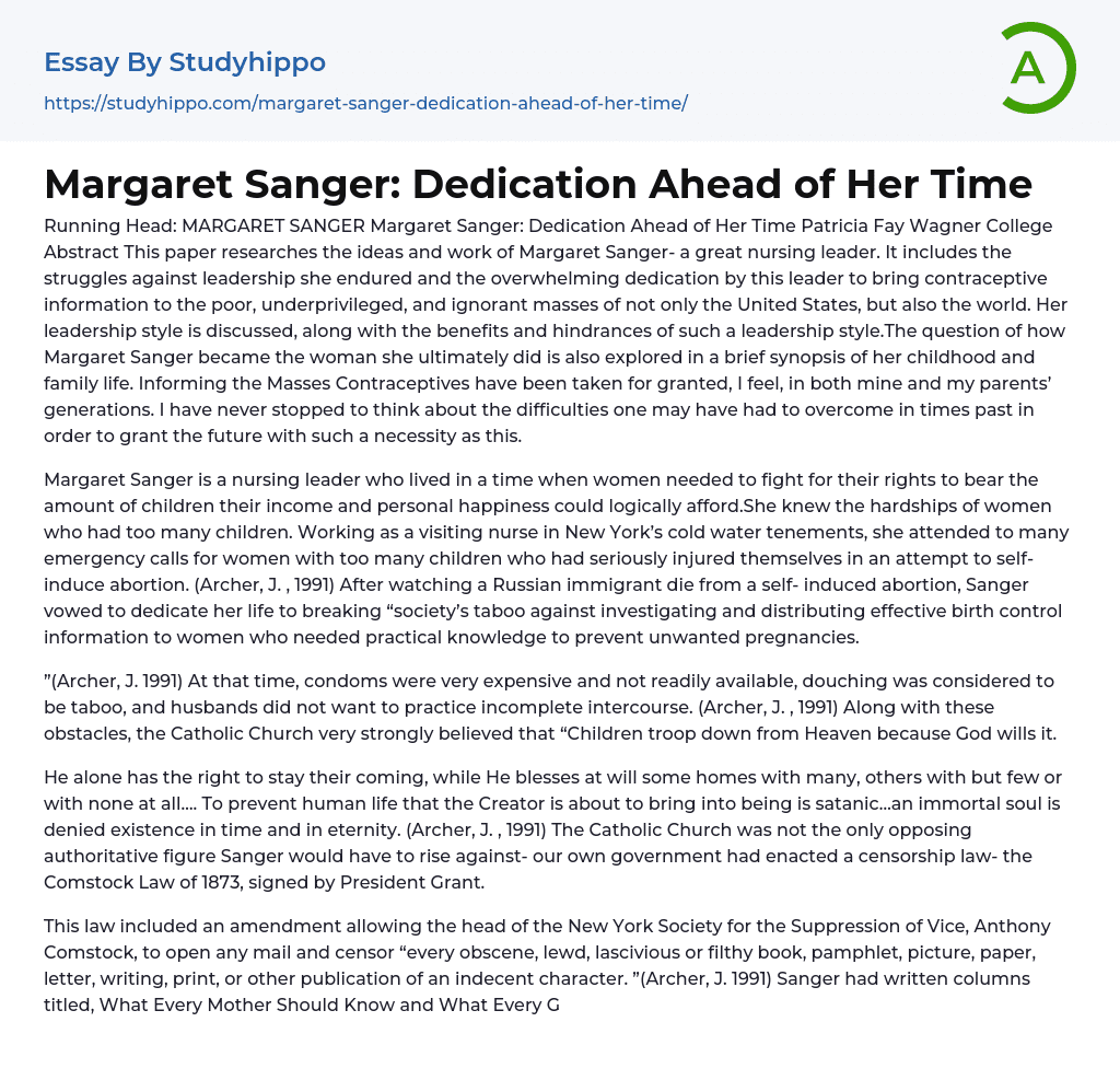 Margaret Sanger: Dedication Ahead of Her Time Essay Example