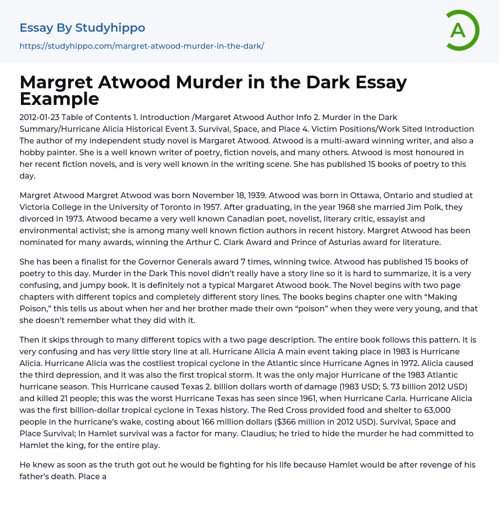 Margret Atwood Murder in the Dark Essay Example