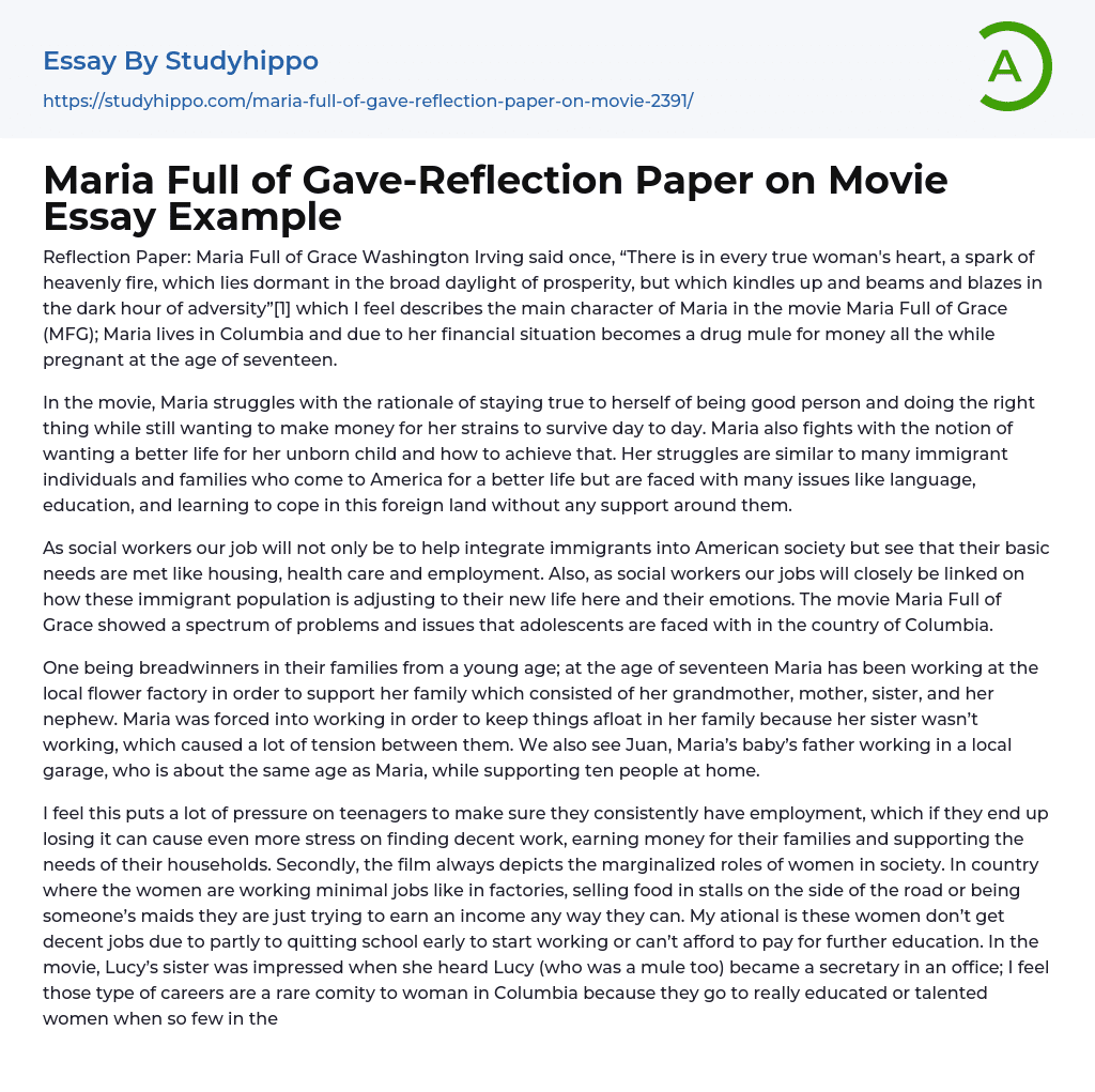 Maria Full of Gave-Reflection Paper on Movie Essay Example