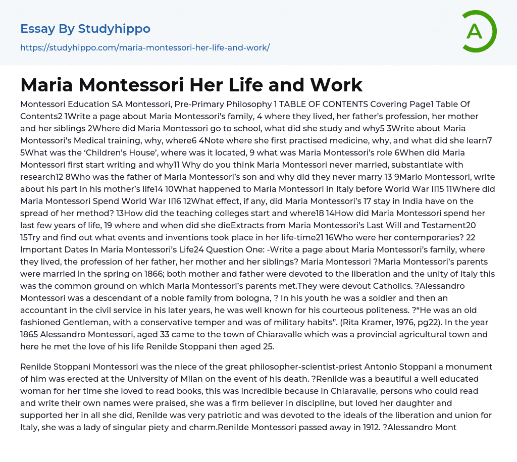 Maria Montessori Her Life and Work Essay Example