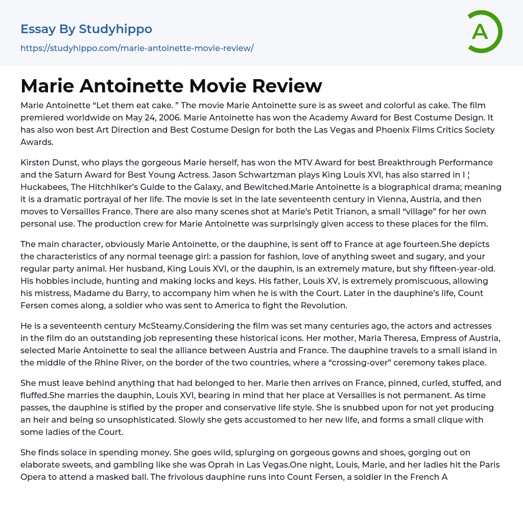 Marie Antoinette Movie Review Essay Example