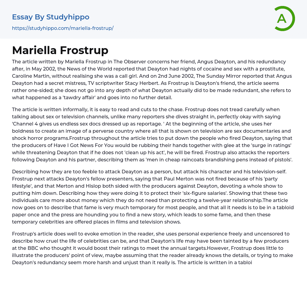 Mariella Frostrup Essay Example