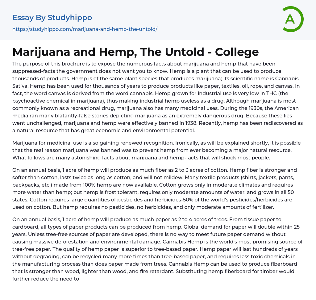Marijuana and Hemp, The Untold – College Essay Example