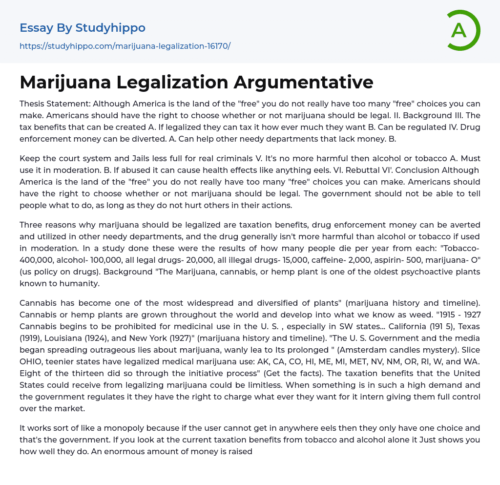 Marijuana Legalization Argumentative Essay Example