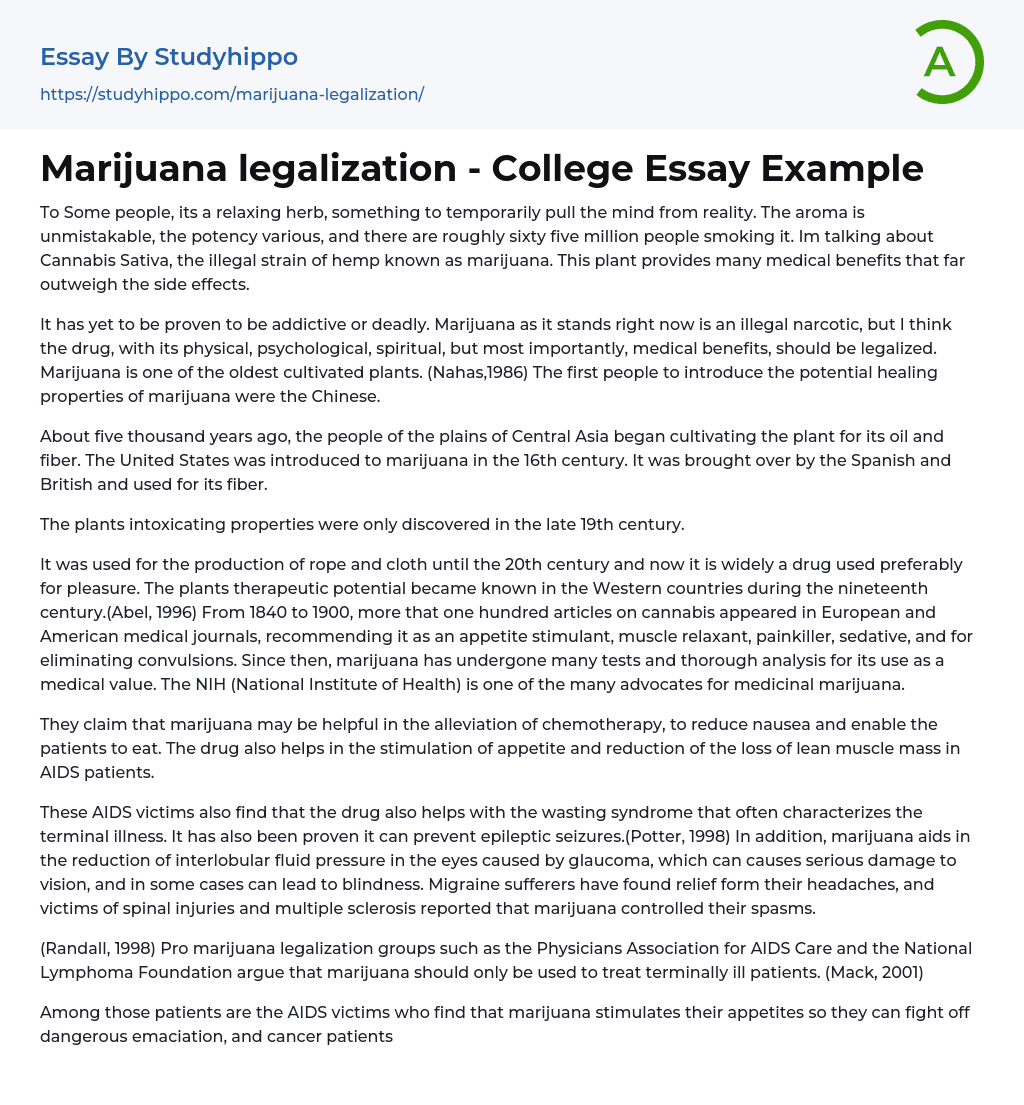 Marijuana legalization – College Essay Example
