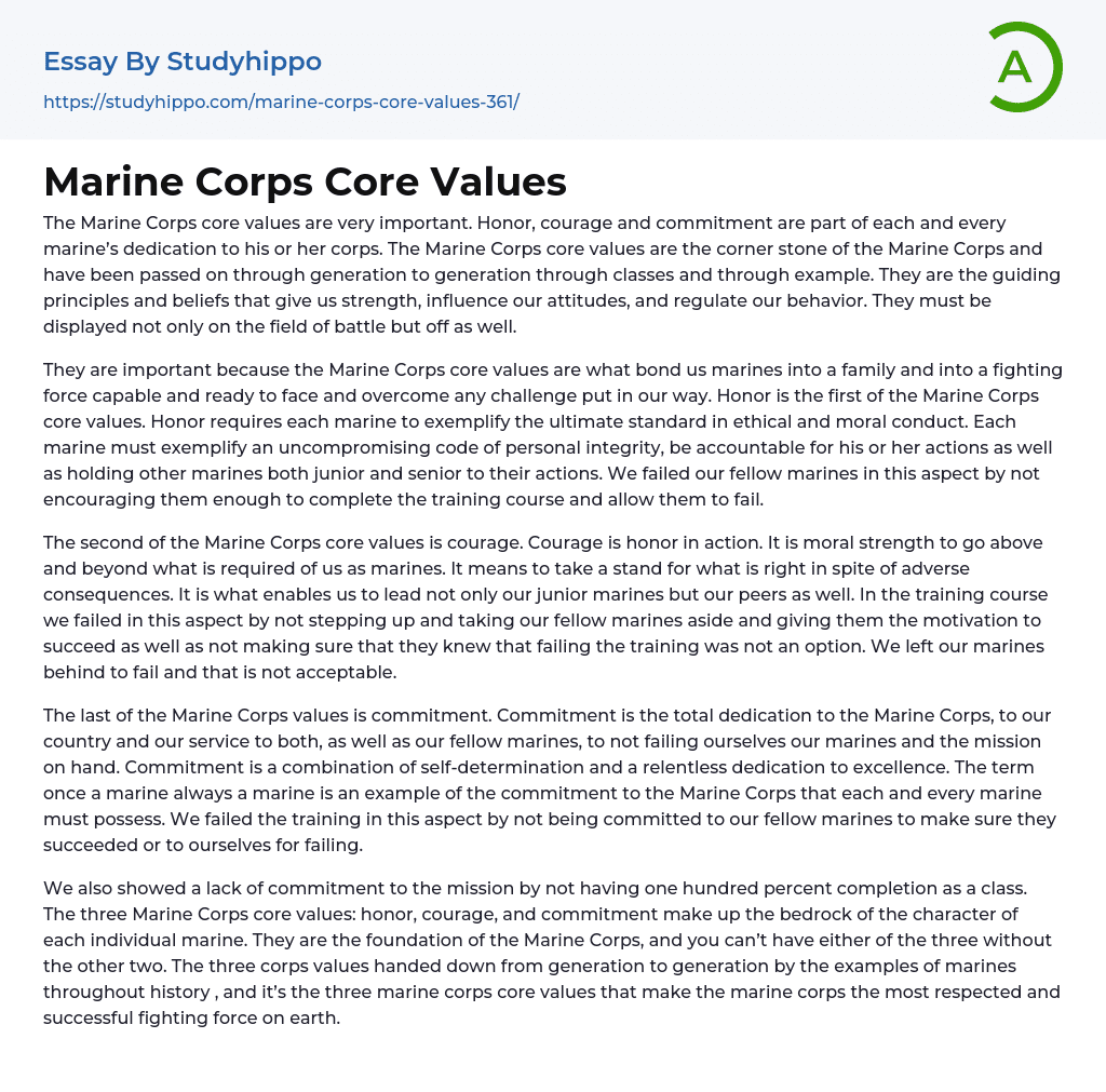 Marine Corps Core Values Essay Example