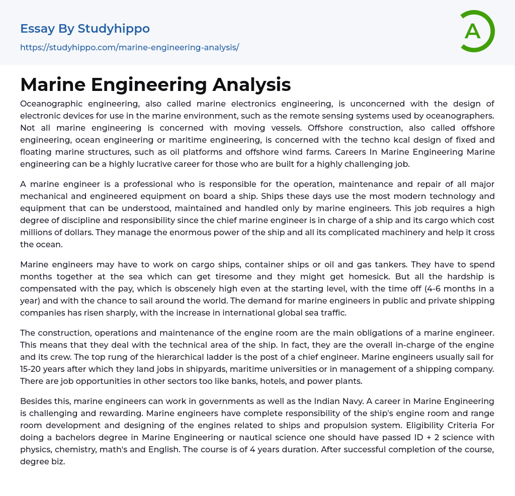 Marine Engineering Analysis Essay Example