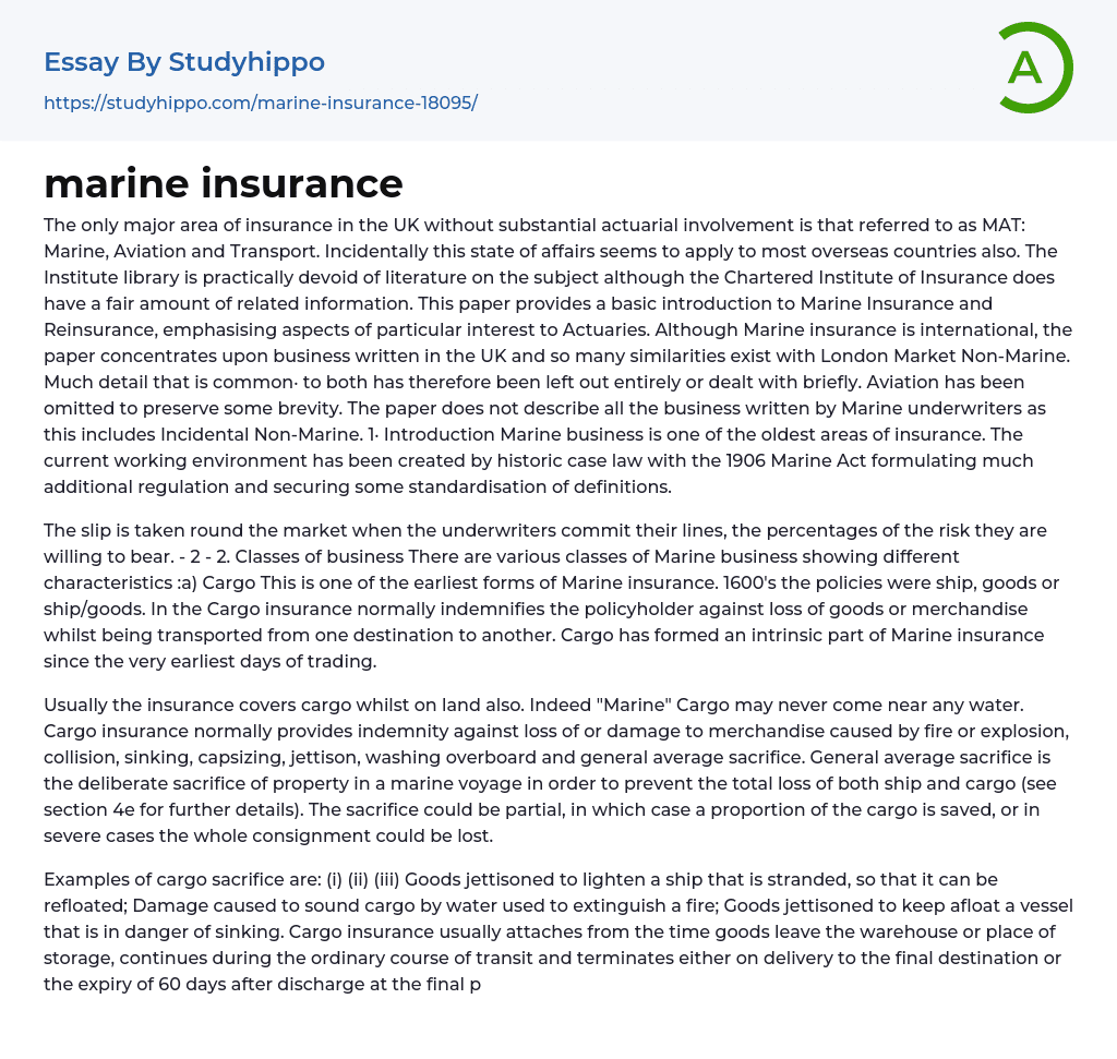 marine insurance Essay Example