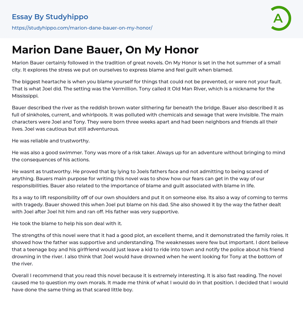 Marion Dane Bauer, On My Honor Essay Example