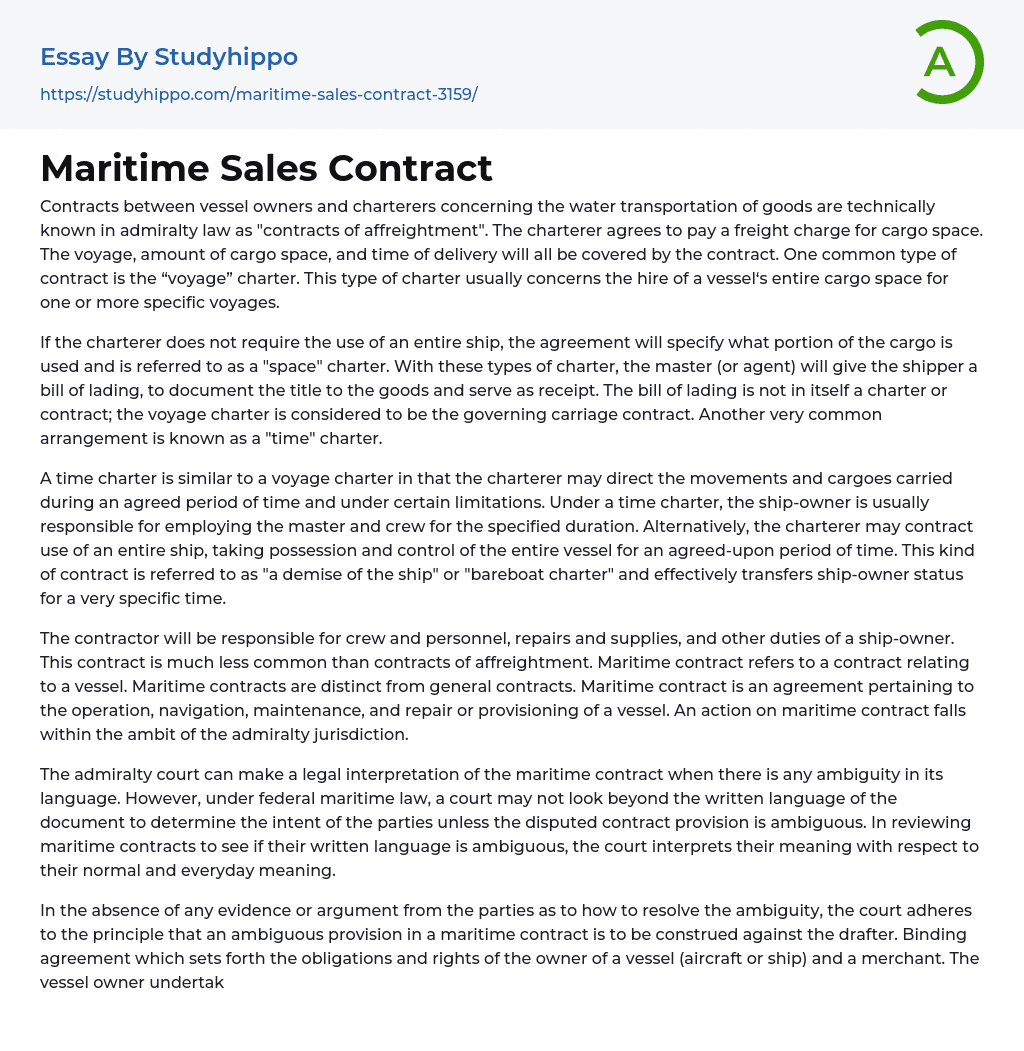 Maritime Sales Contract Essay Example