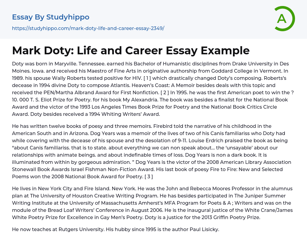 Mark Doty: Life and Career Essay Example