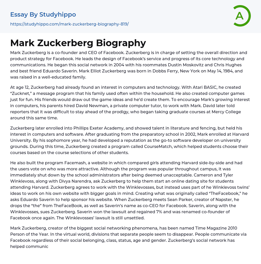 Mark Zuckerberg Biography Essay Example