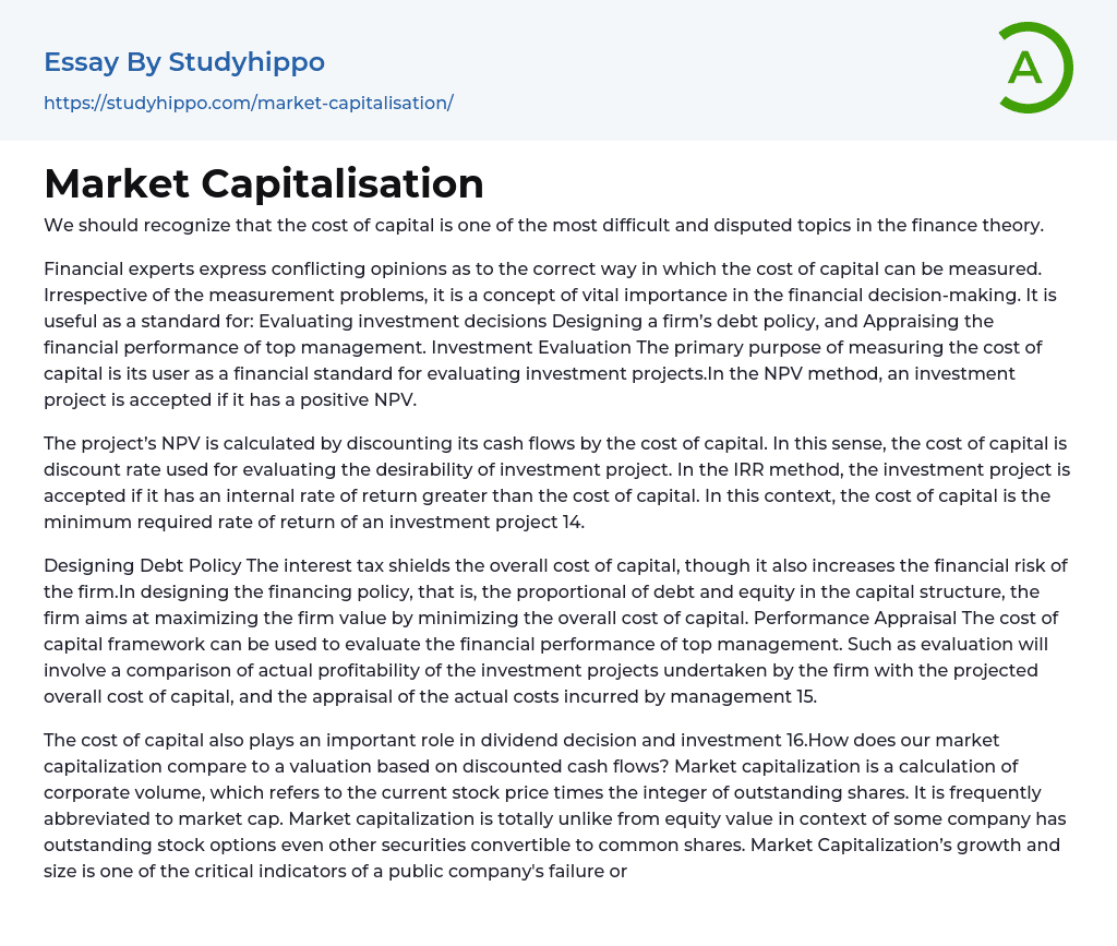 Market Capitalisation Essay Example