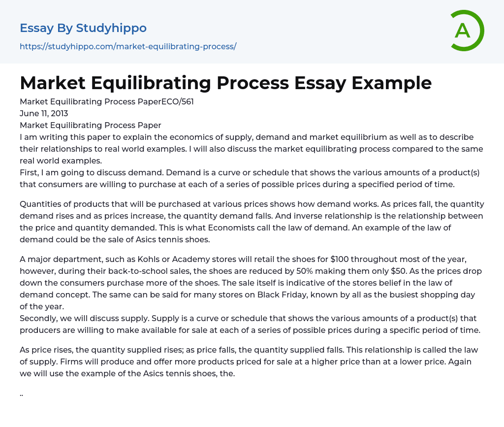 Market Equilibrating Process Paper Essay Example