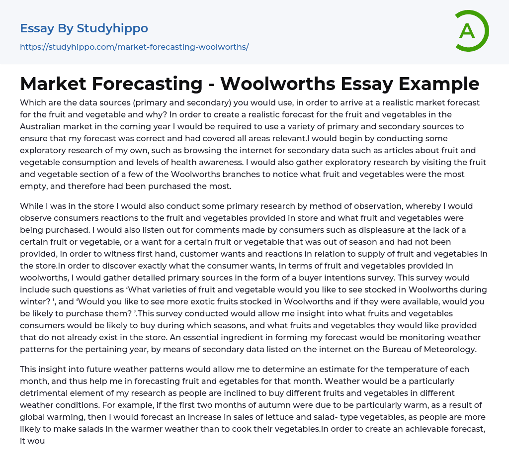 Market Forecasting – Woolworths Essay Example