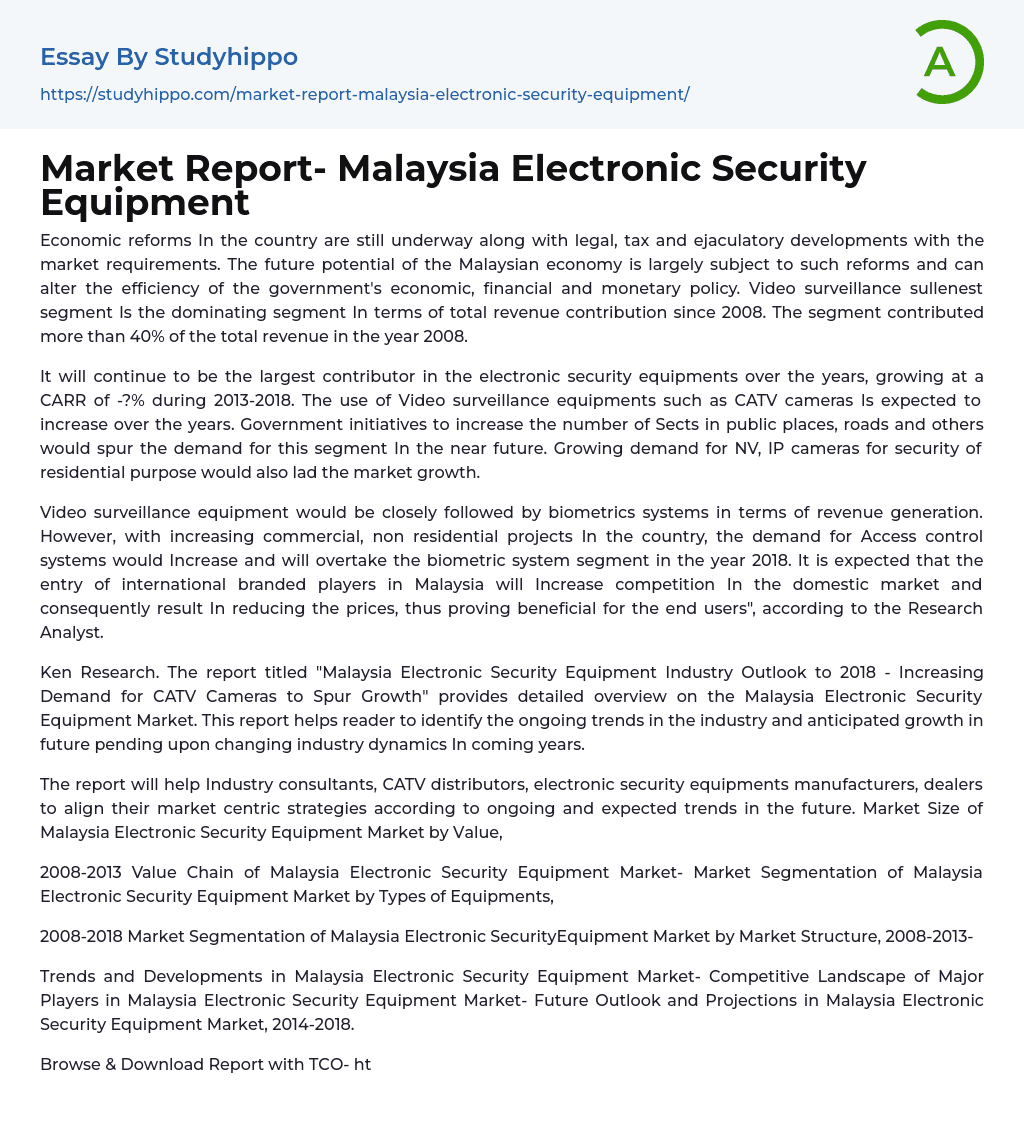 Market Report- Malaysia Electronic Security Equipment Essay Example