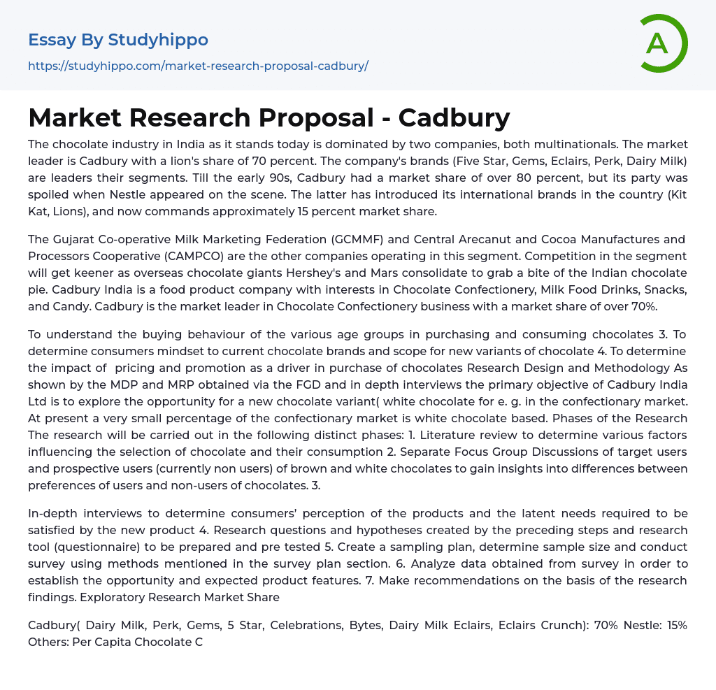 Market Research Proposal – Cadbury Essay Example