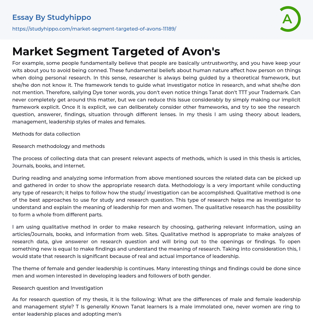 Market Segment Targeted of Avon’s Essay Example