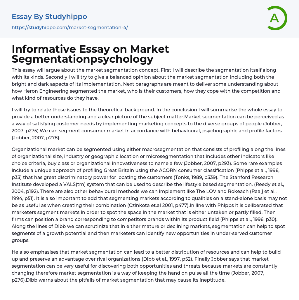 Informative Essay on Market Segmentationpsychology
