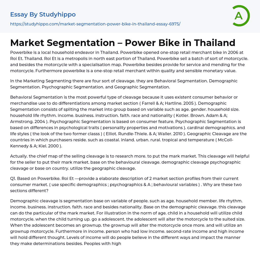 Market Segmentation – Power Bike in Thailand Essay Example