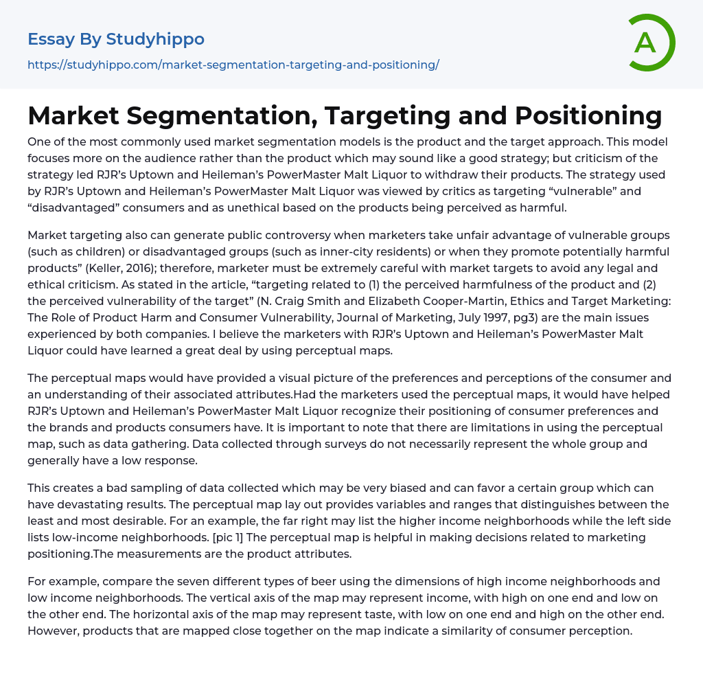 Market Segmentation, Targeting and Positioning Essay Example