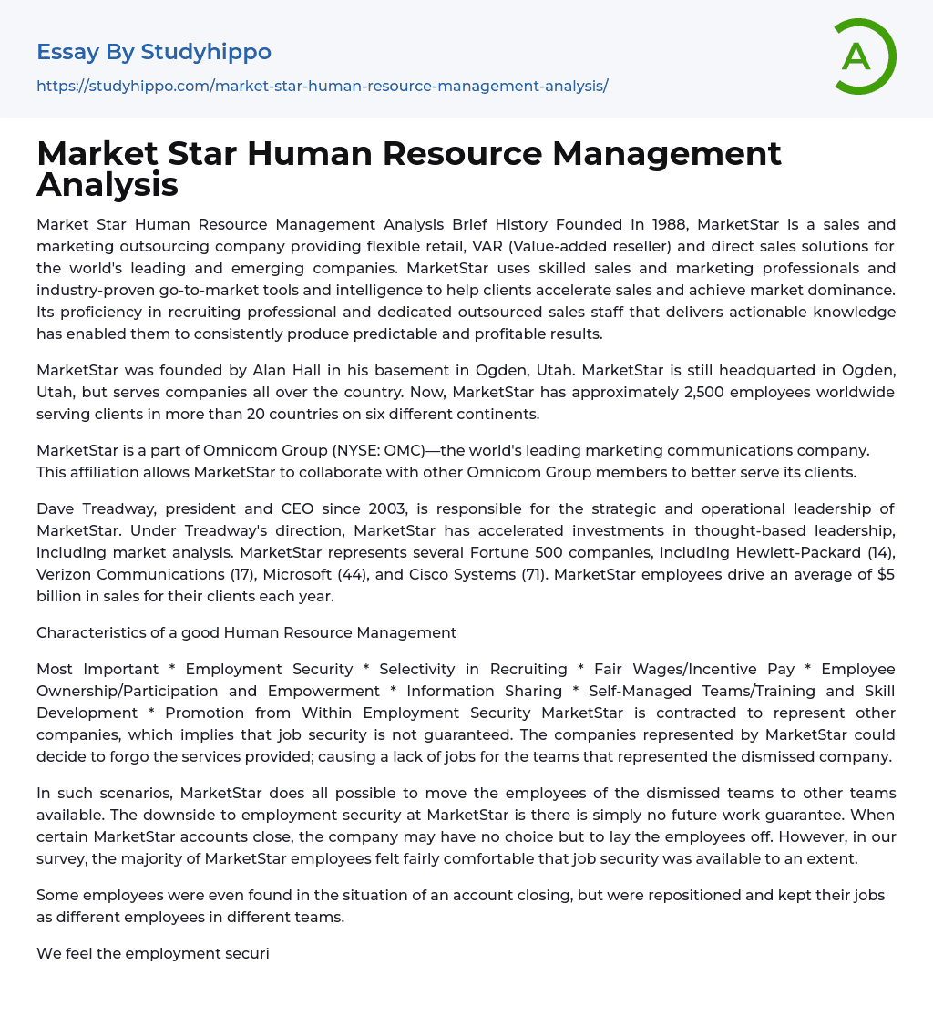 Market Star Human Resource Management Analysis Essay Example