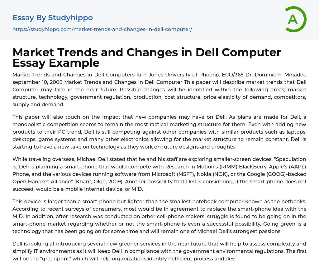 Market Trends and Changes in Dell Computer Essay Example