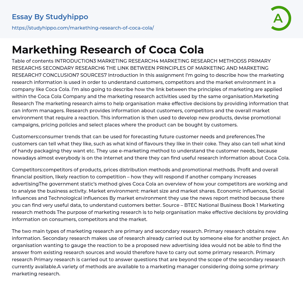 Markething Research of Coca Cola Essay Example