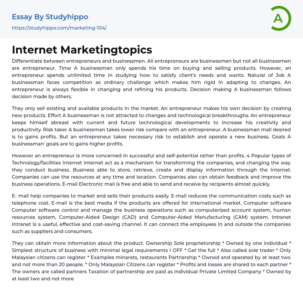 Internet Marketingtopics Essay Example