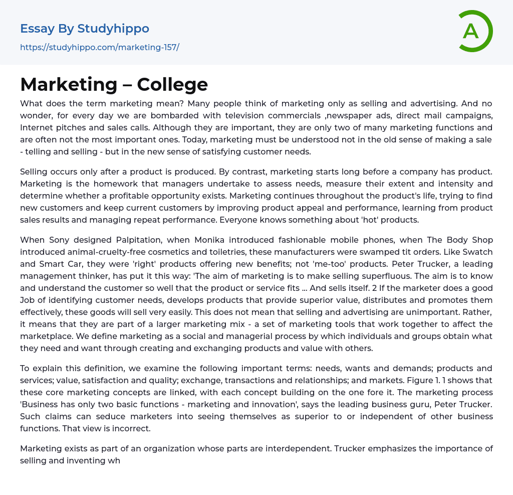 Marketing – College Essay Example