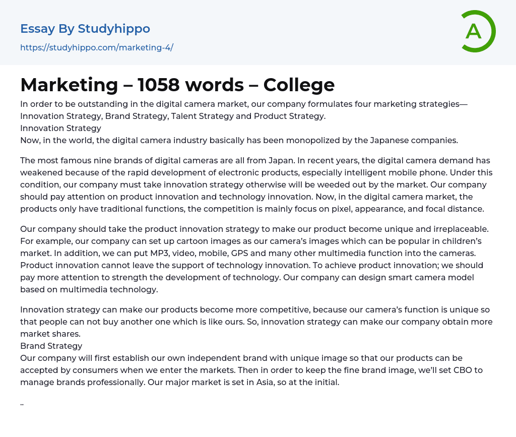 Marketing – 1058 words – College Essay Example