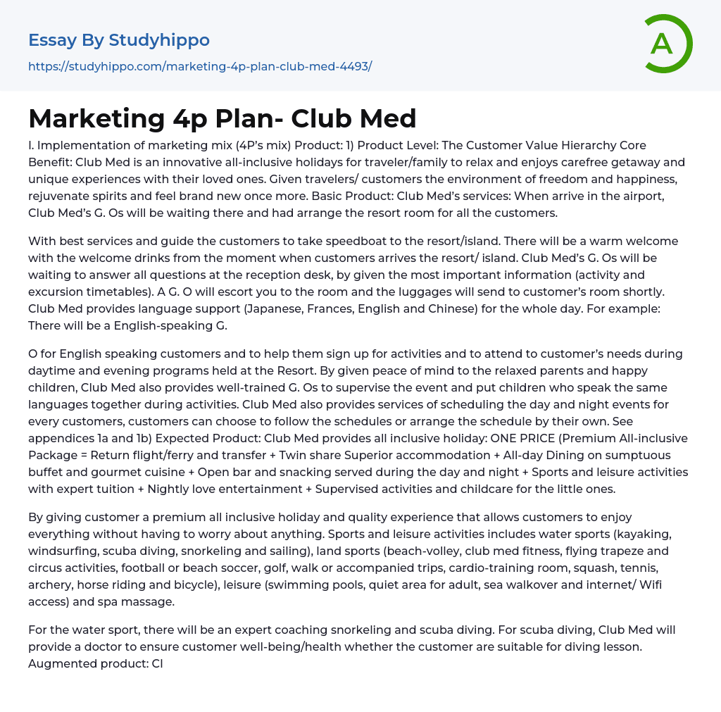 Marketing 4p Plan- Club Med Essay Example