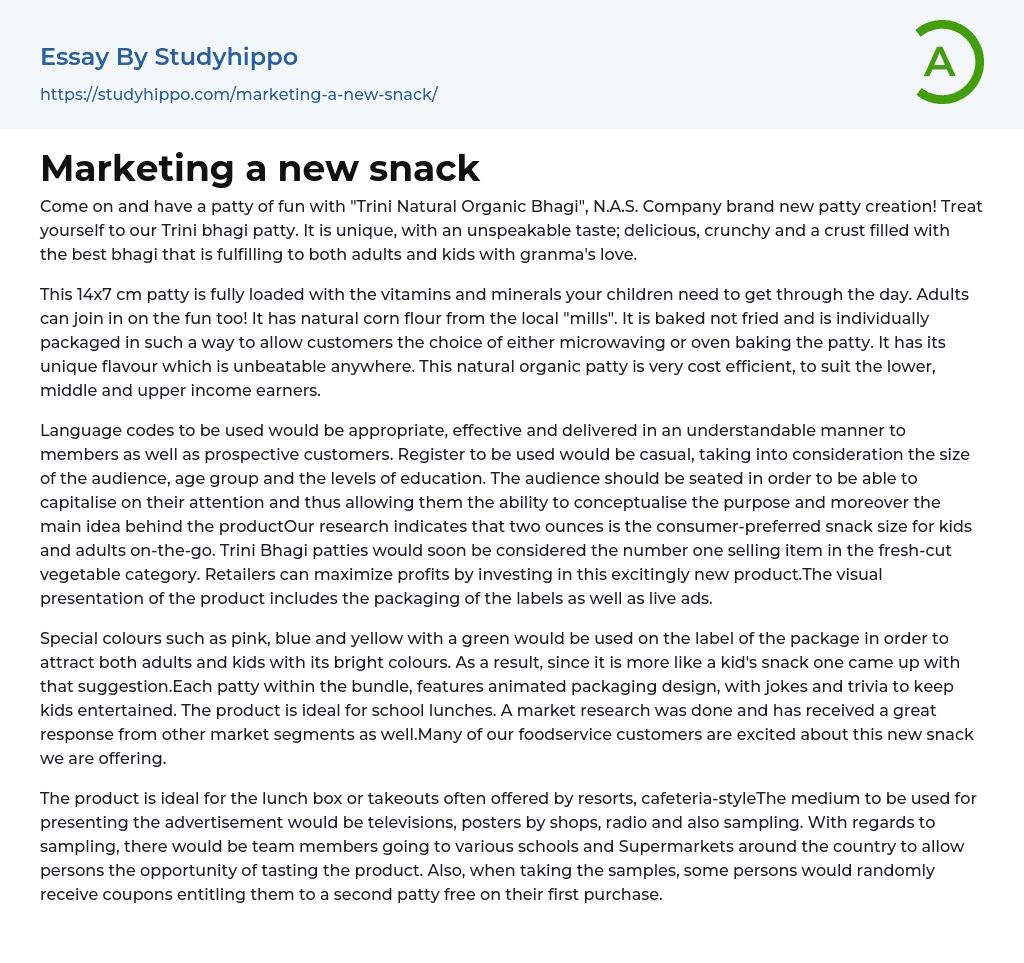 Marketing a new snack Essay Example