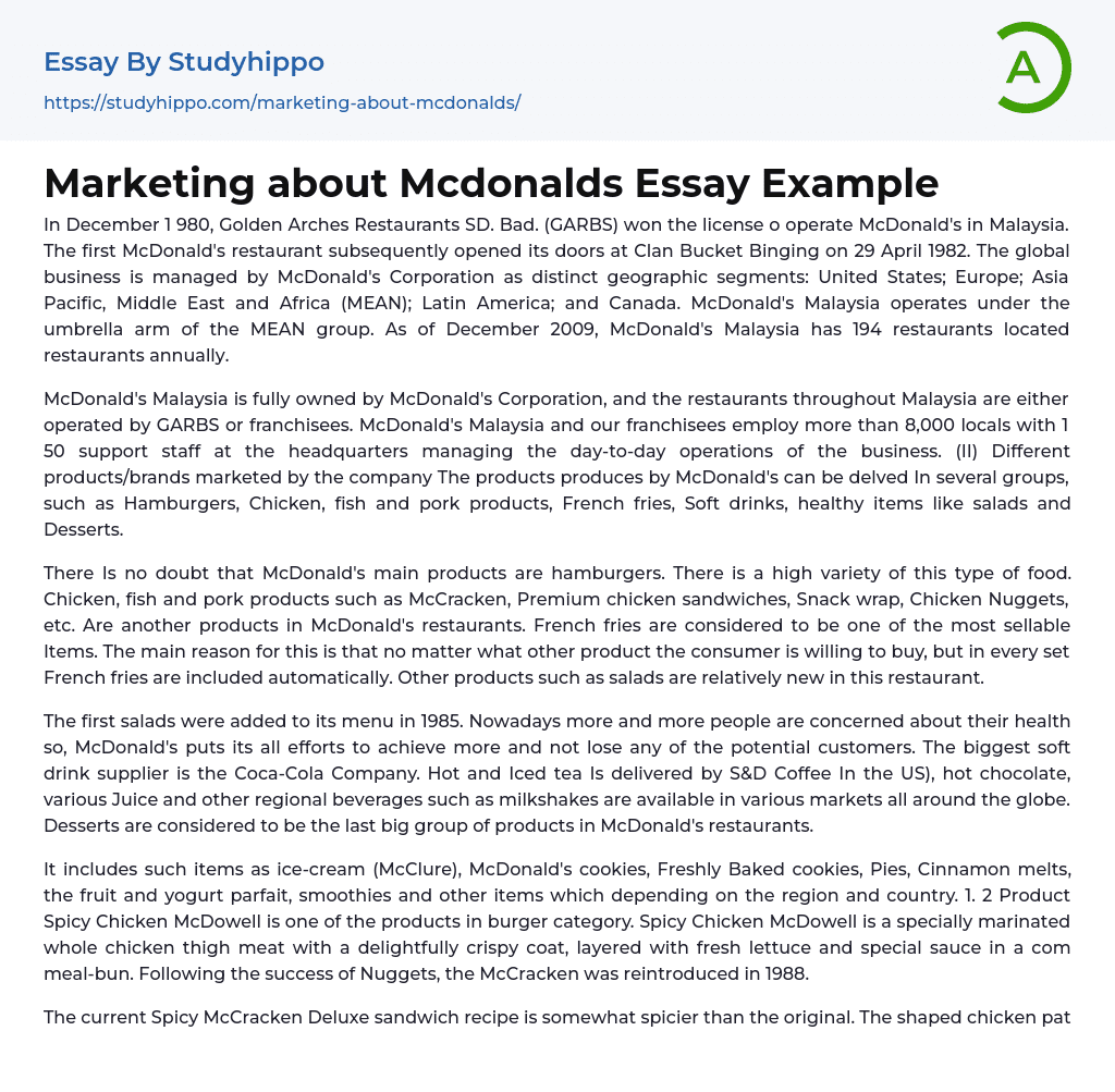 Marketing about Mcdonalds Essay Example