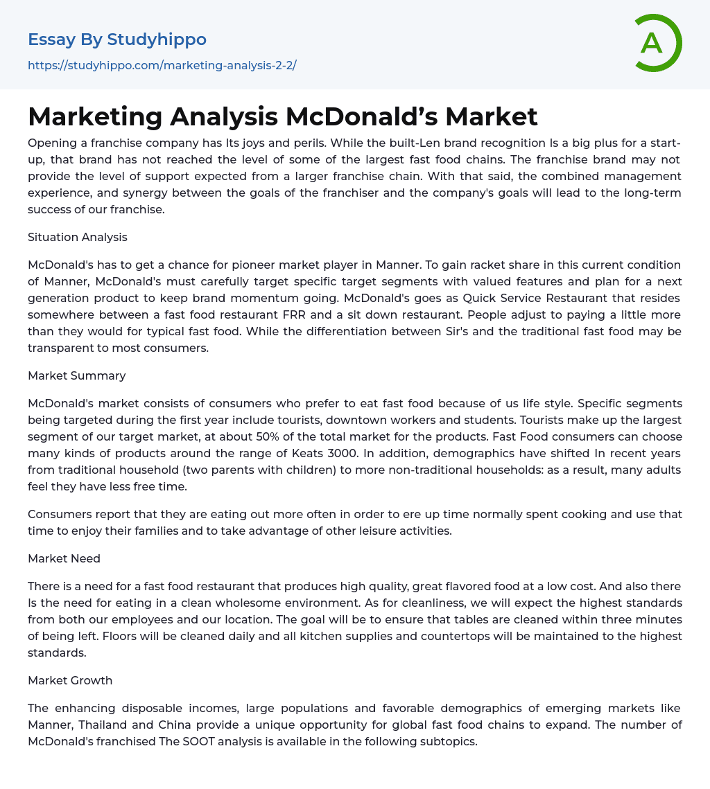 Marketing Analysis McDonald’s Market Essay Example