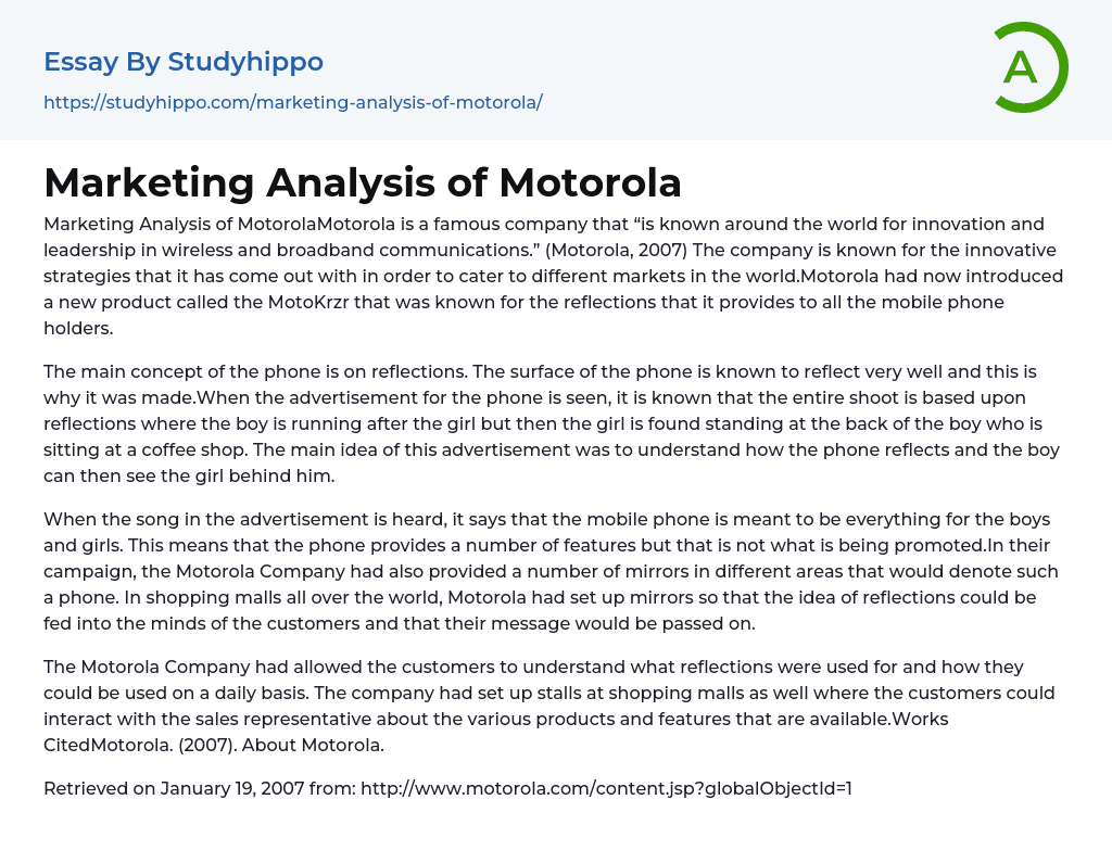 Marketing Analysis of Motorola Essay Example