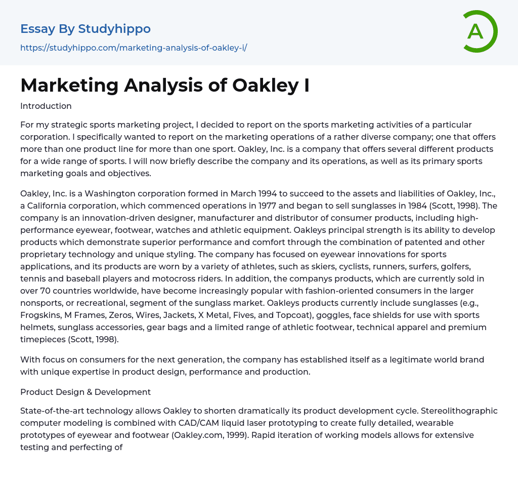 Marketing Analysis of Oakley I Essay Example