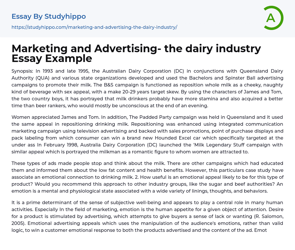 Marketing and Advertising- the dairy industry Essay Example