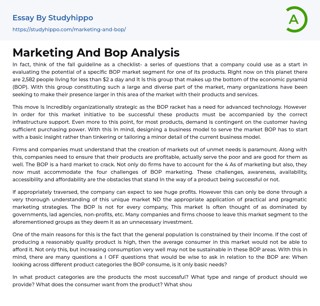 Marketing And Bop Analysis Essay Example