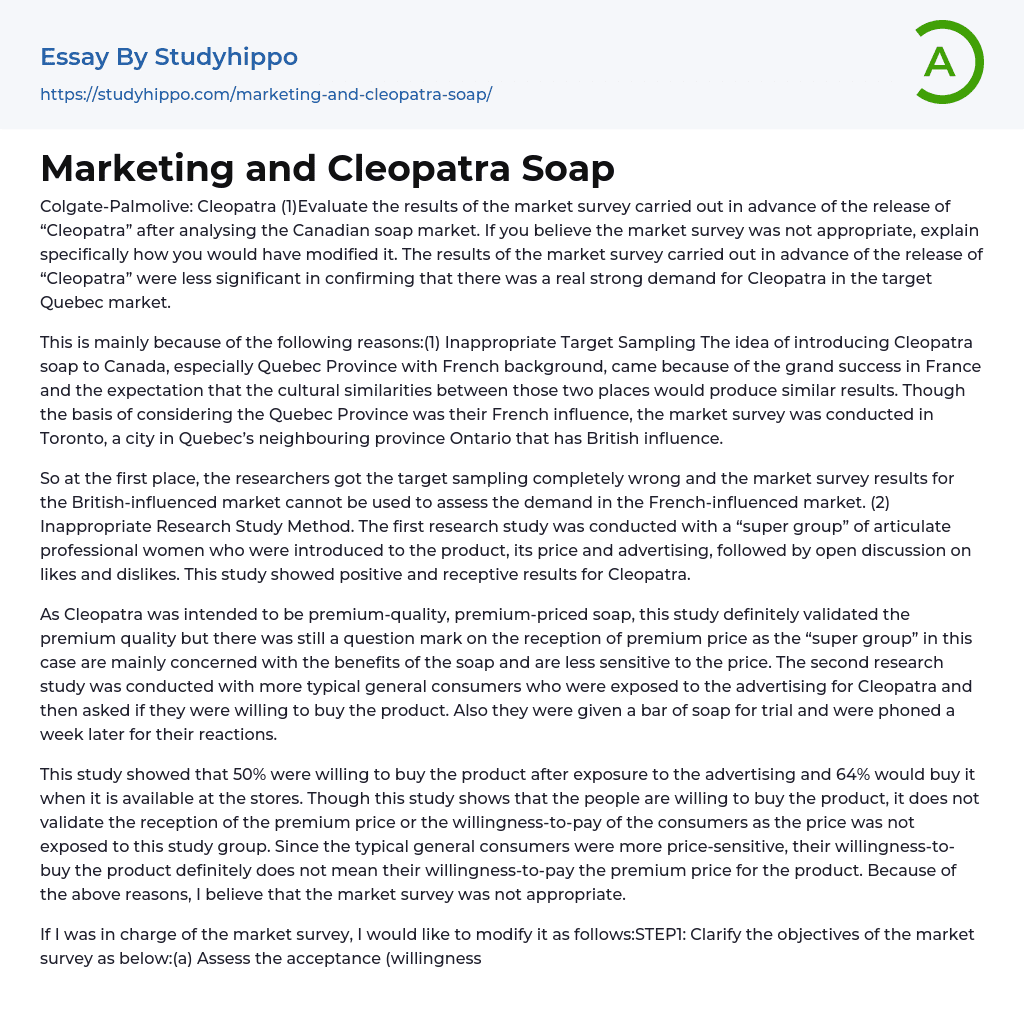 Marketing and Cleopatra Soap Essay Example