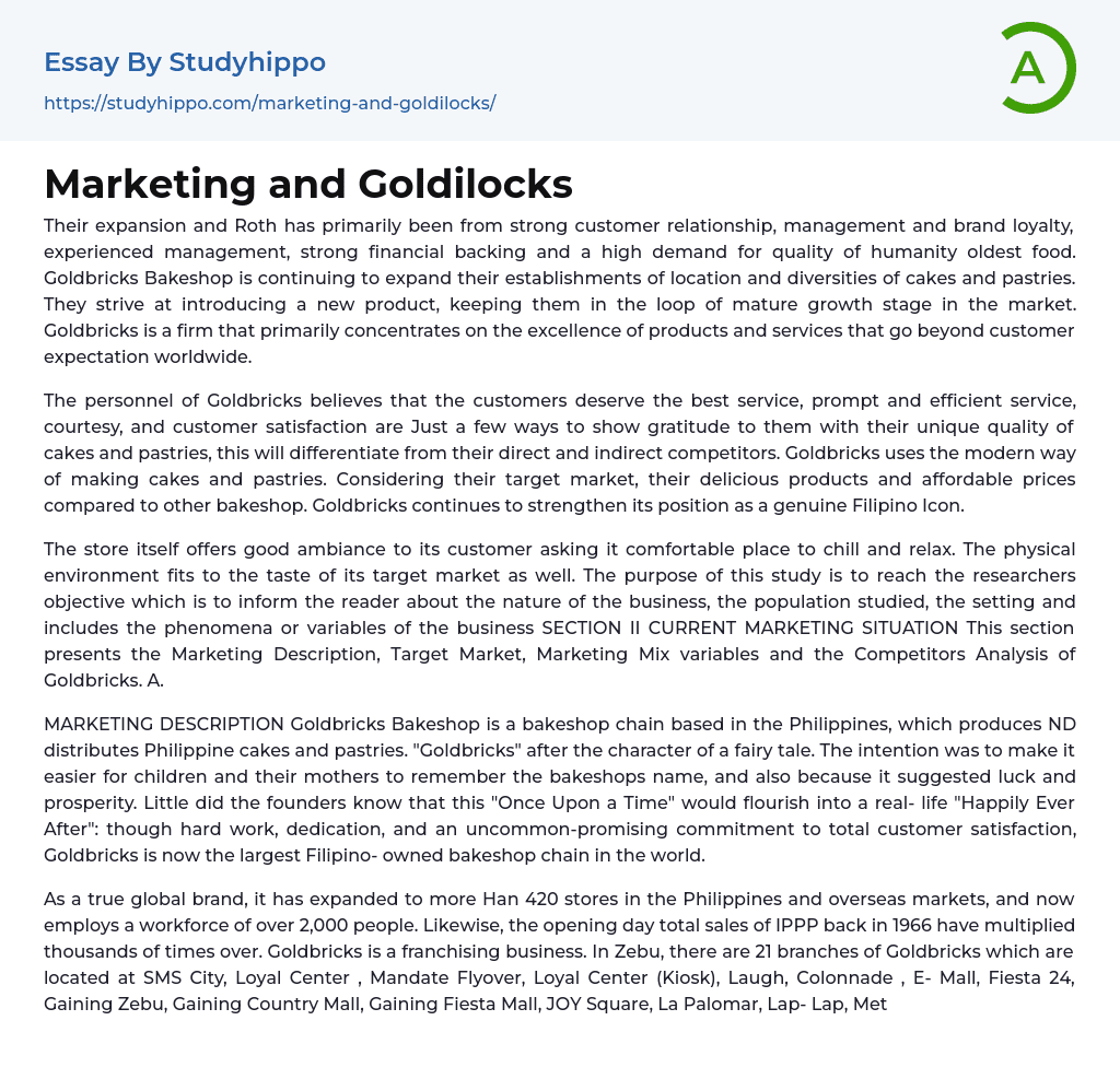 Marketing and Goldilocks Essay Example