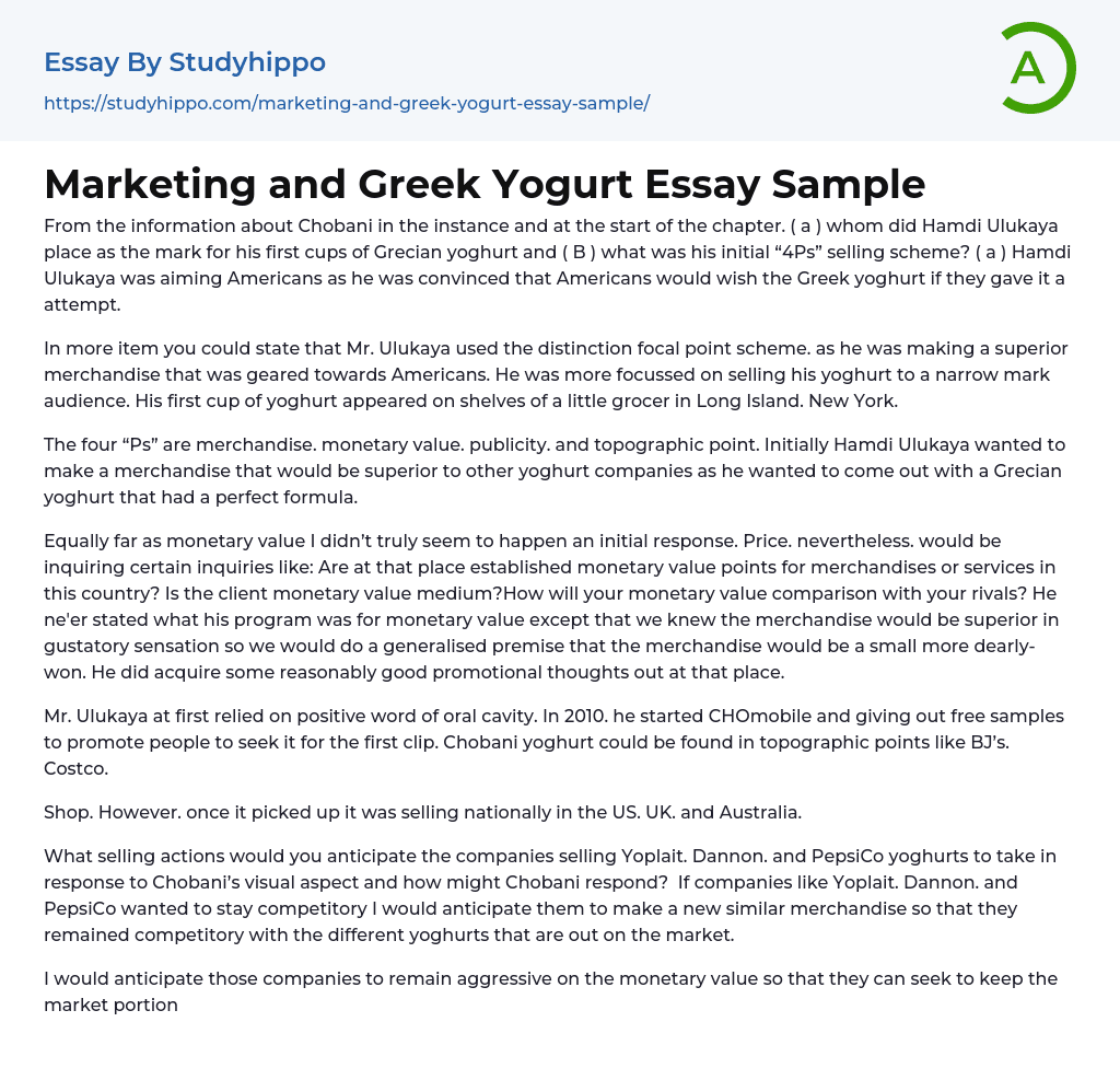Marketing and Greek Yogurt Essay Sample
