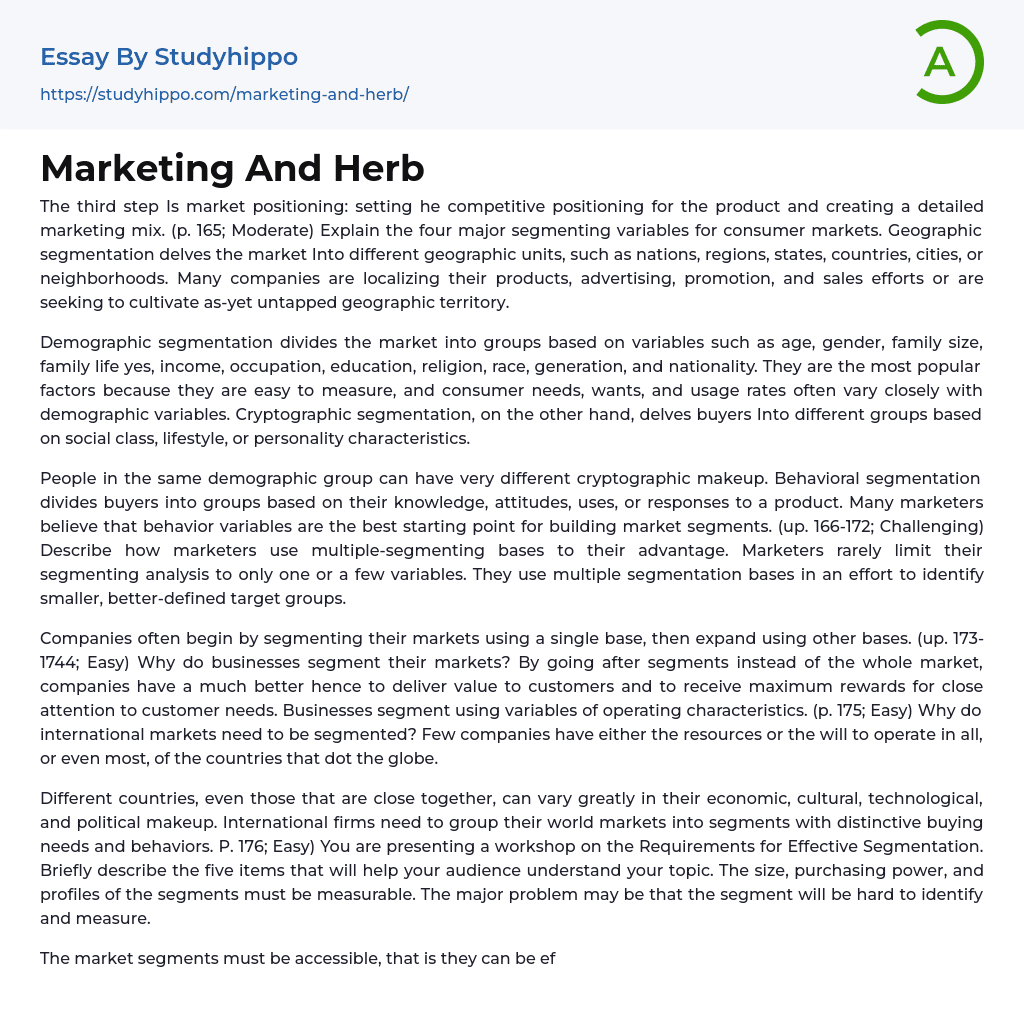 Marketing And Herb Essay Example