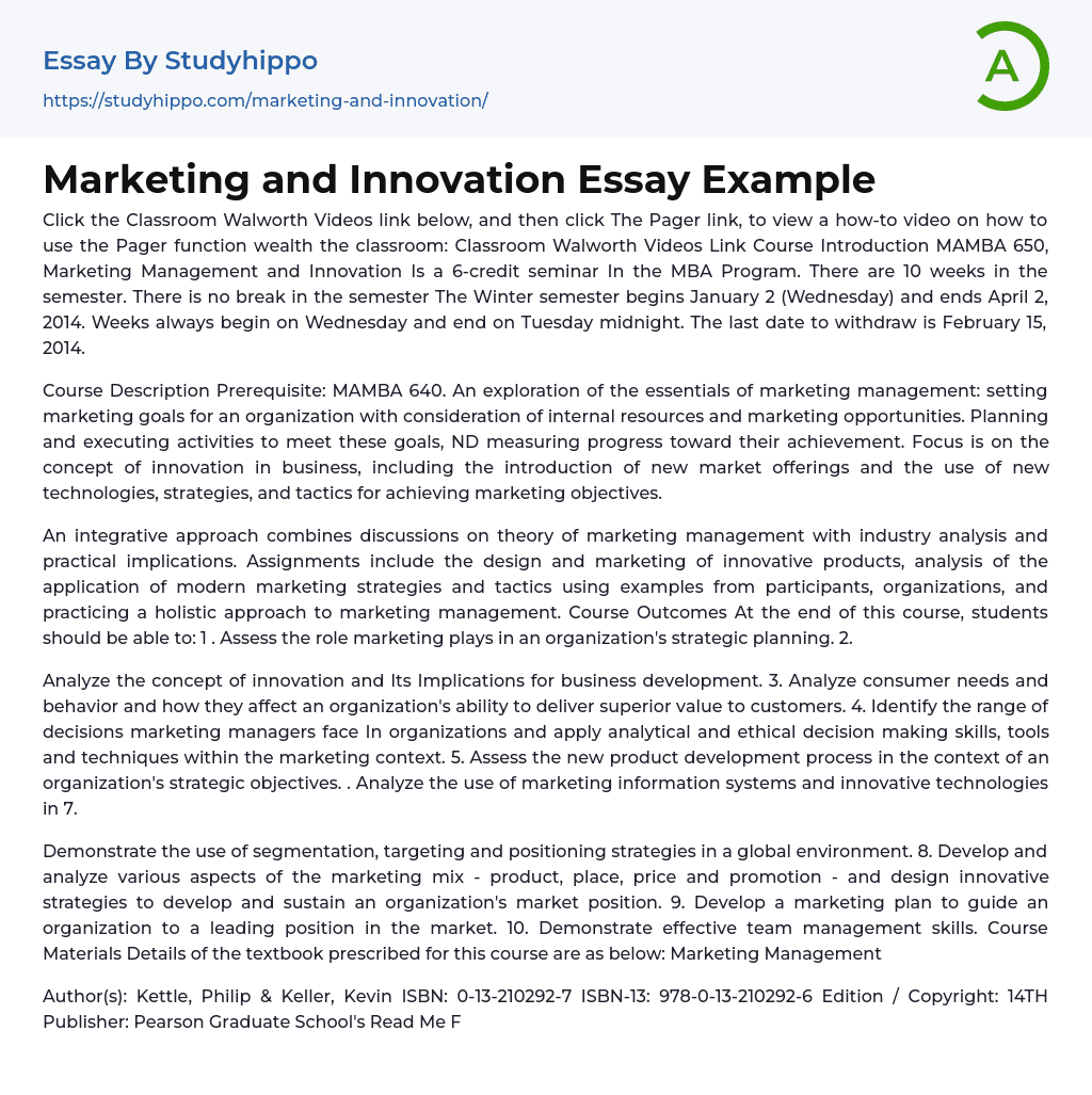 Marketing and Innovation Essay Example