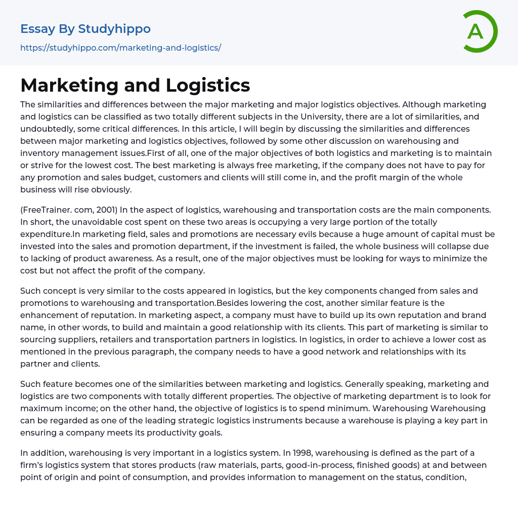 Marketing and Logistics Essay Example