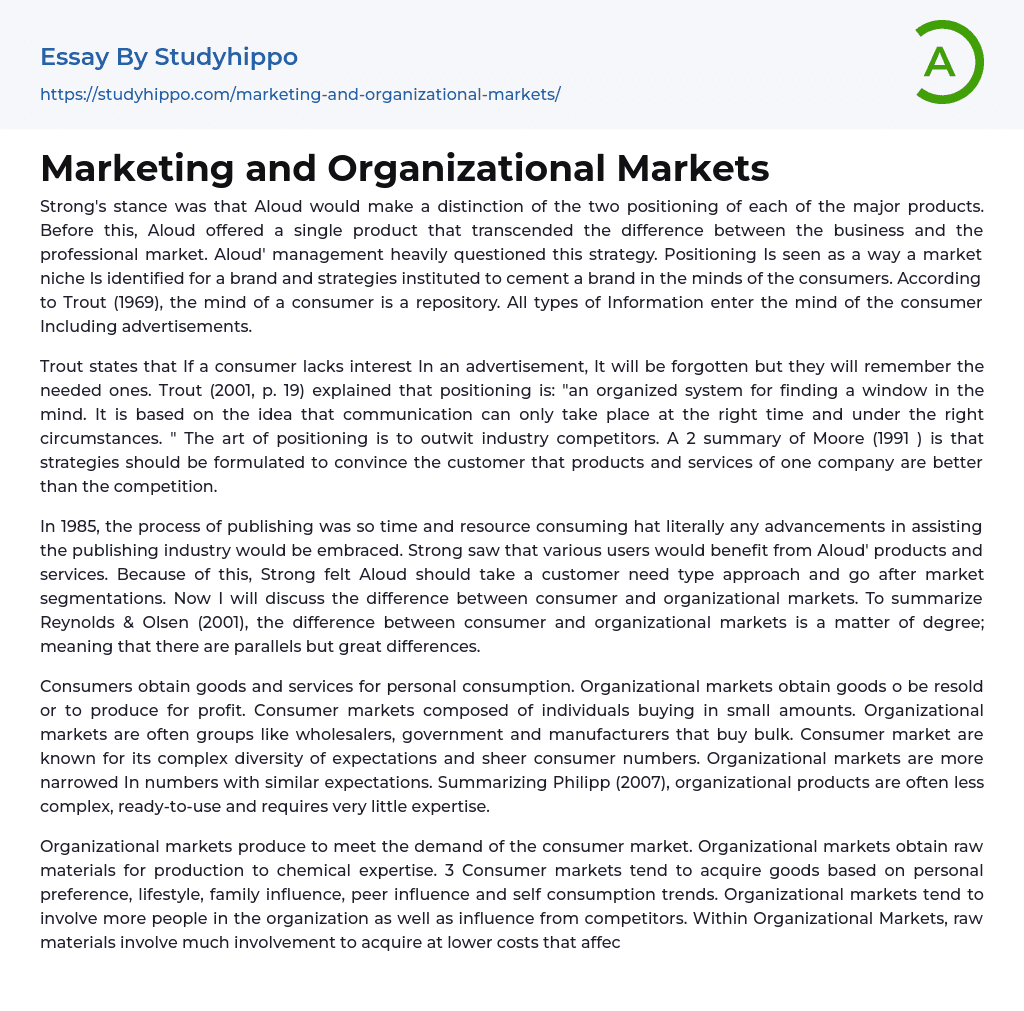 Marketing and Organizational Markets Essay Example