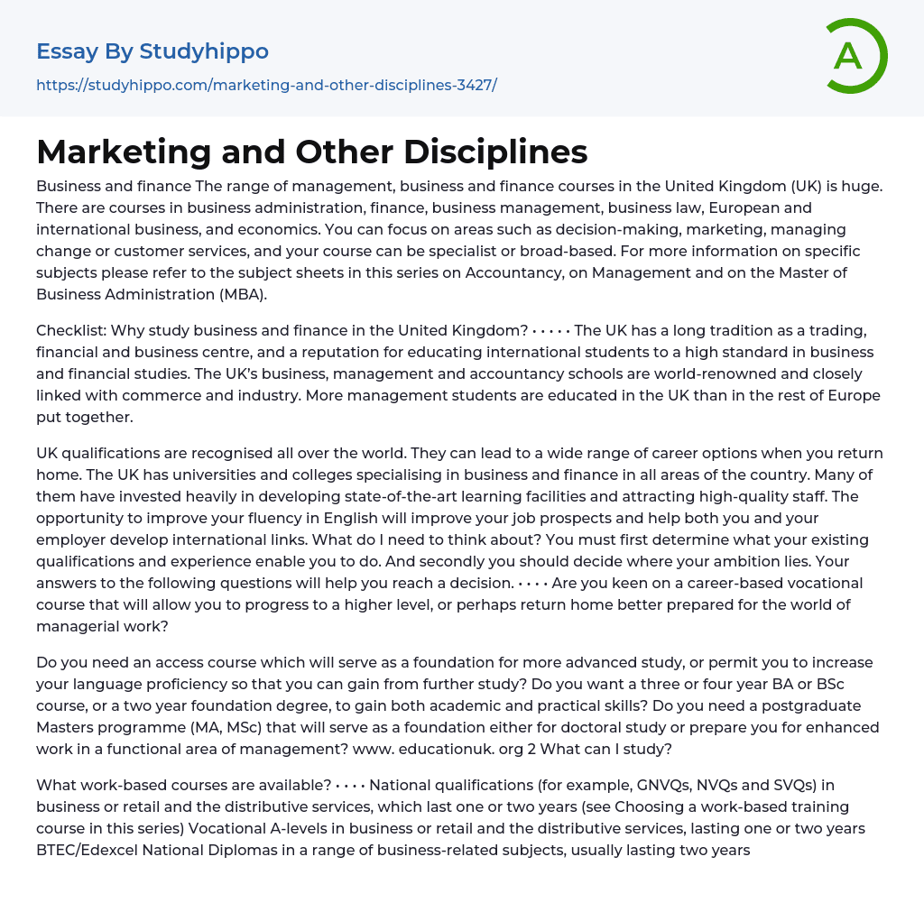 Marketing and Other Disciplines Essay Example
