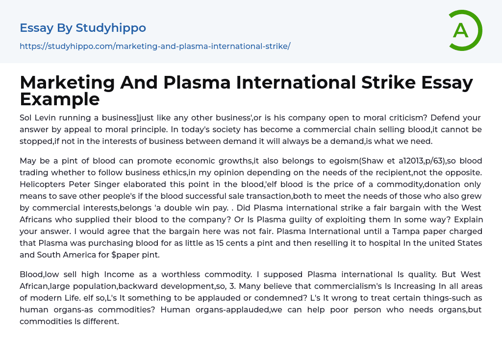 Marketing And Plasma International Strike Essay Example